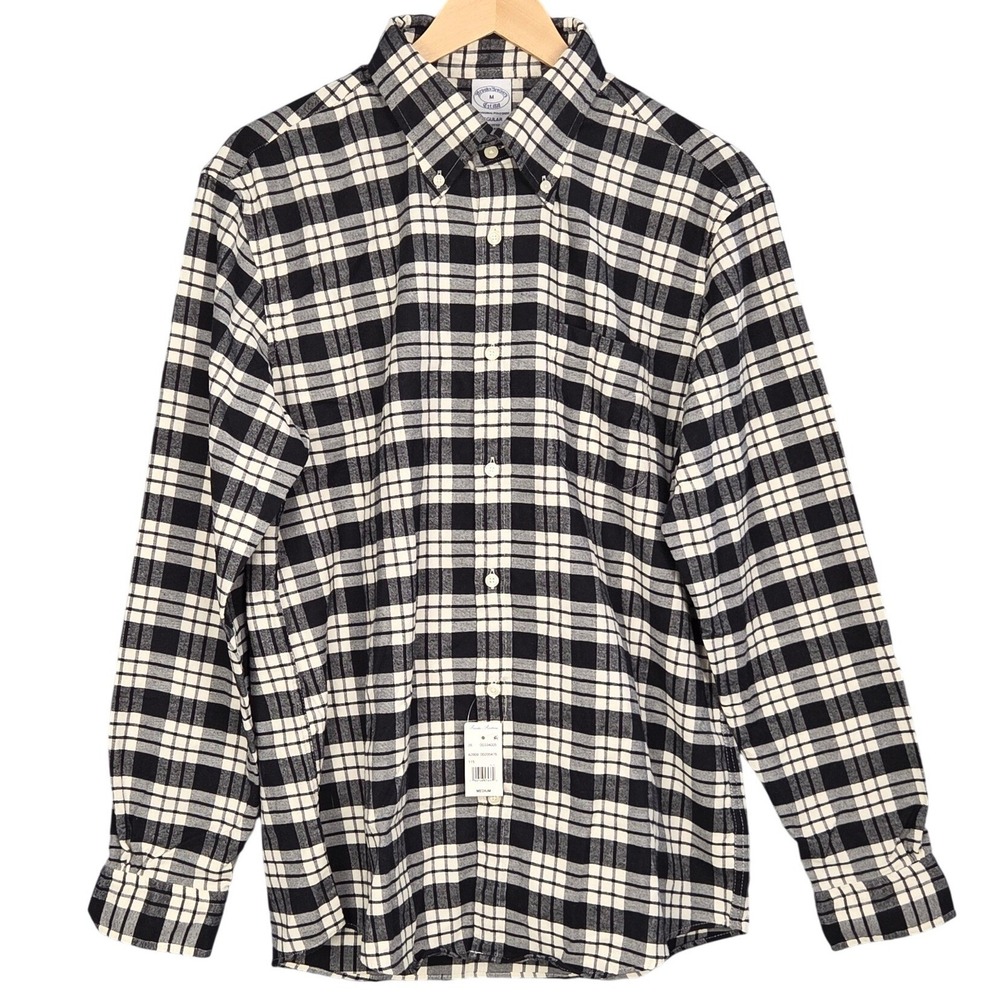 Brooks Brothers Button Down Flannel Shirt Mens Medium Black White Plaid NEW - Picture 2 of 8